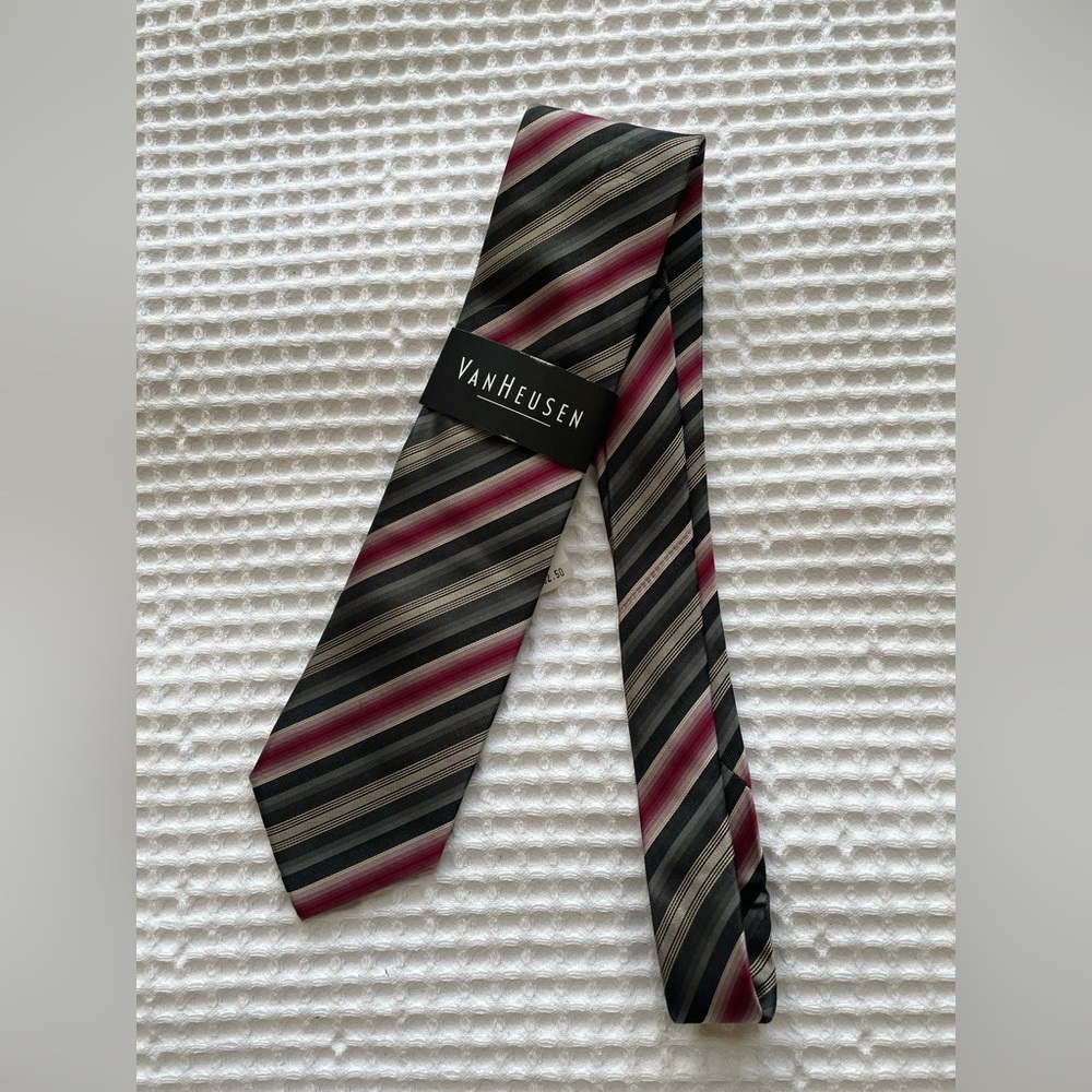 Silk Van Heusen Necktie (Magenta, Black, Gray Stripe)